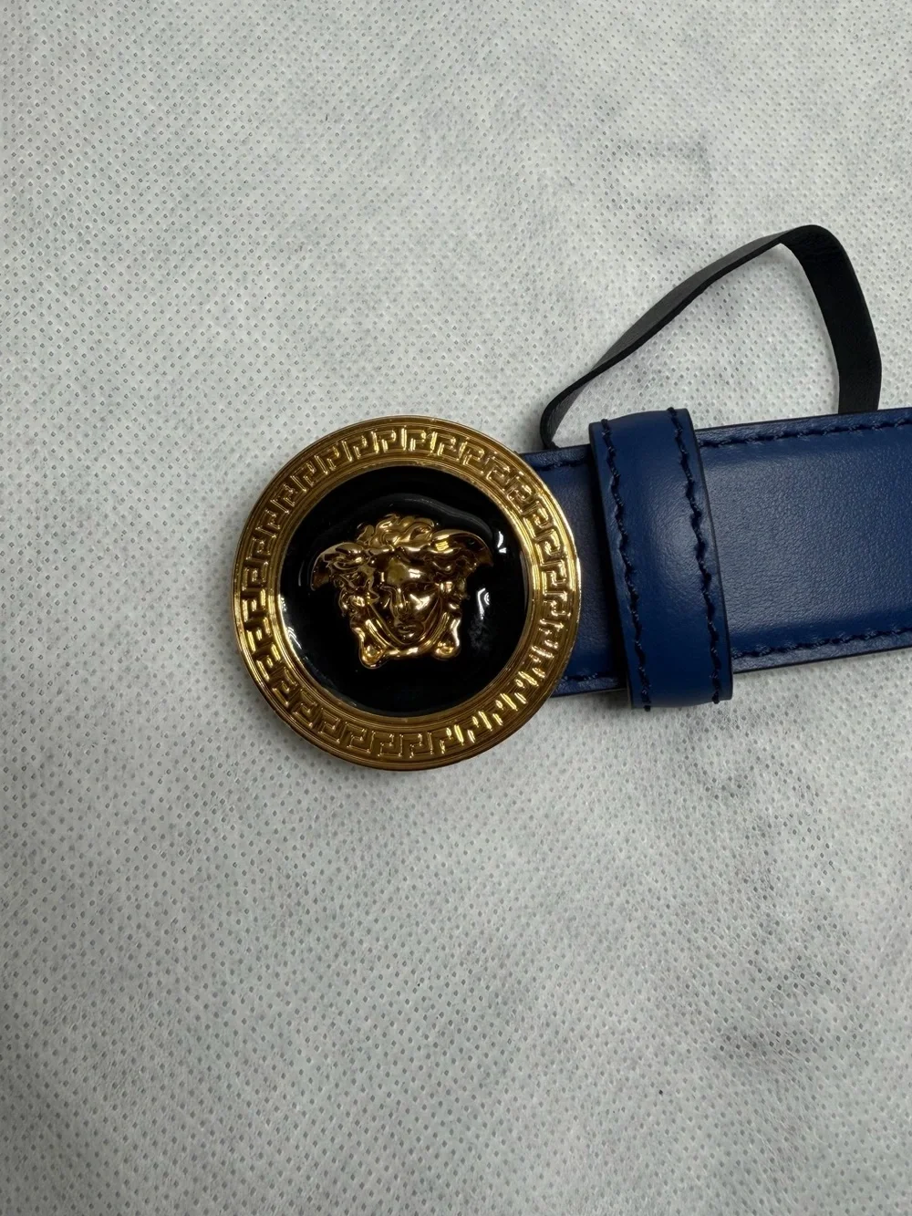 Versace Medusa Biggie Leather Belt Navy Blue Gold Buckle Size 85/34 NWT
